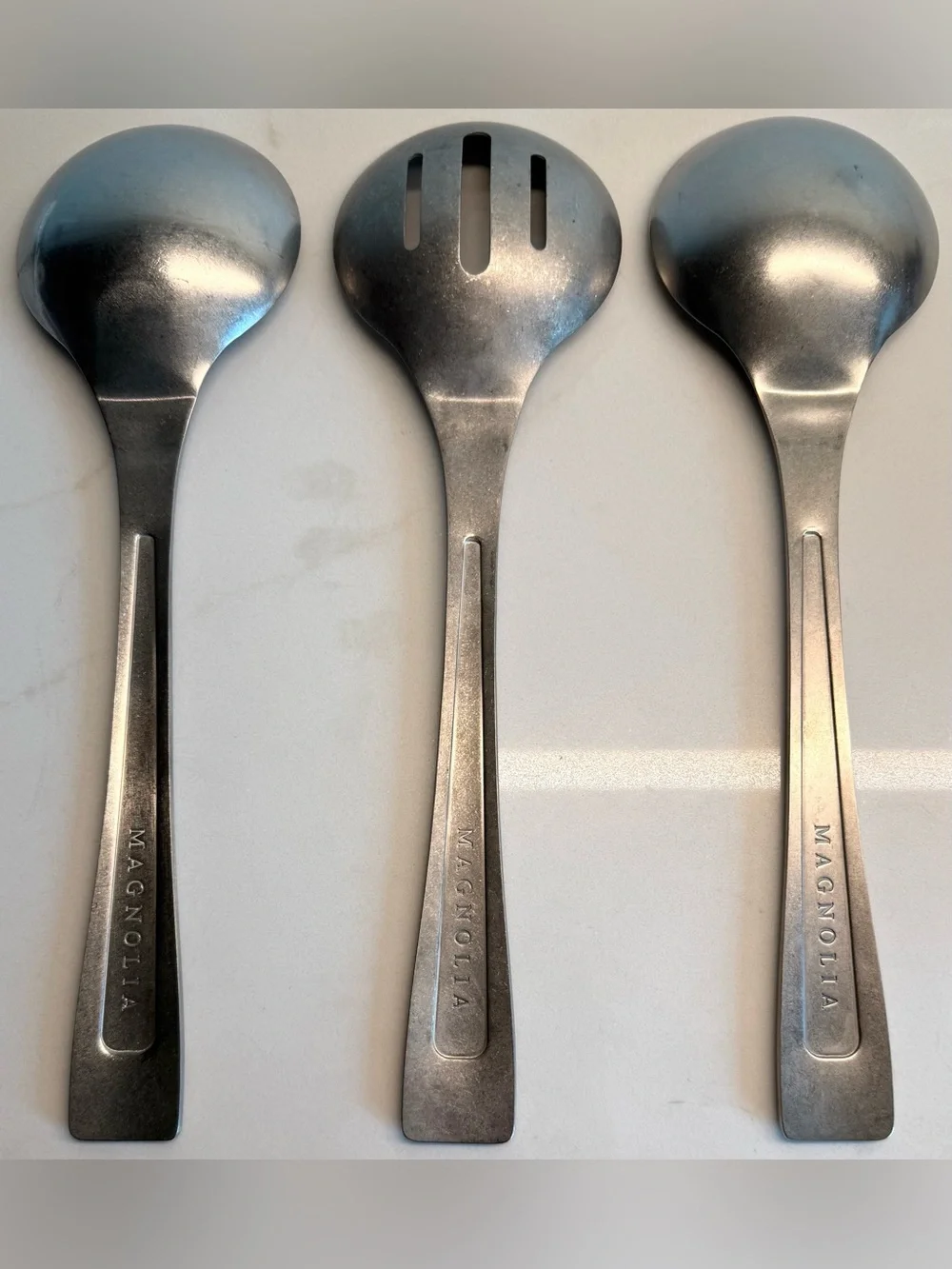 Magnolia Metal Serving Utensil Set of 3 Heavy Solid Serving Spoons